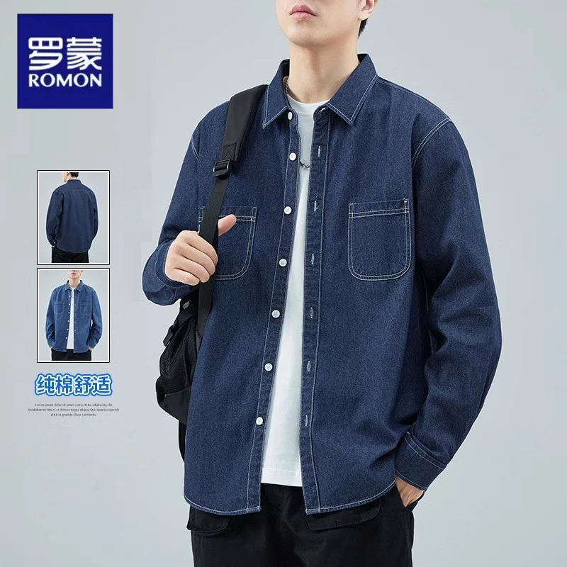 罗蒙2025新款牛仔长袖衬衫男士秋冬美式休闲上衣简约潮牌宽松外套