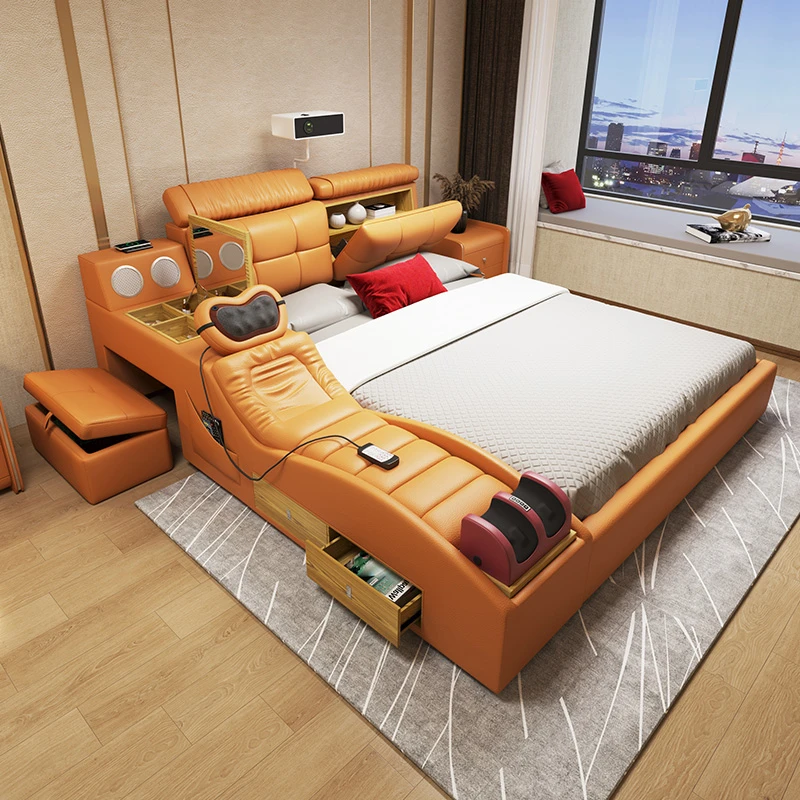 床现代简约卧室多功能电动按摩投影仪智能床皮艺储物床主卧大床
