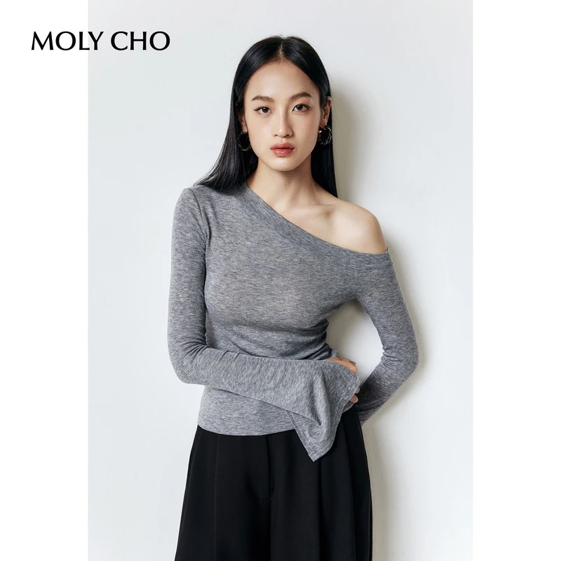 MOLYCHO斜领露肩长袖T恤女秋冬修身不规则锁骨上衣小众内搭打底衫