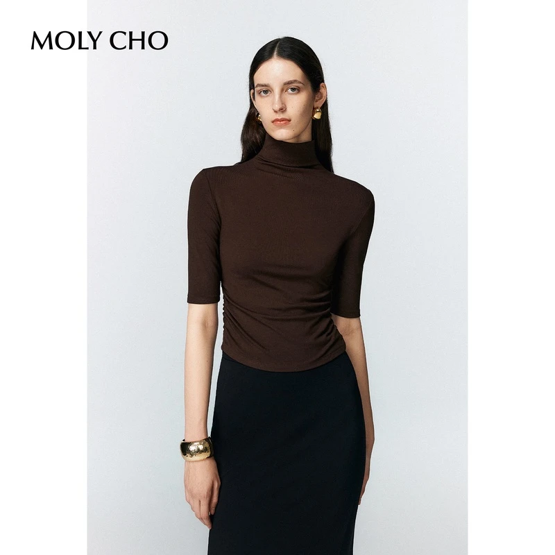 MOLYCHO早秋高领中袖收腰T恤女秋季修身显瘦打底衫内搭堆堆领上衣