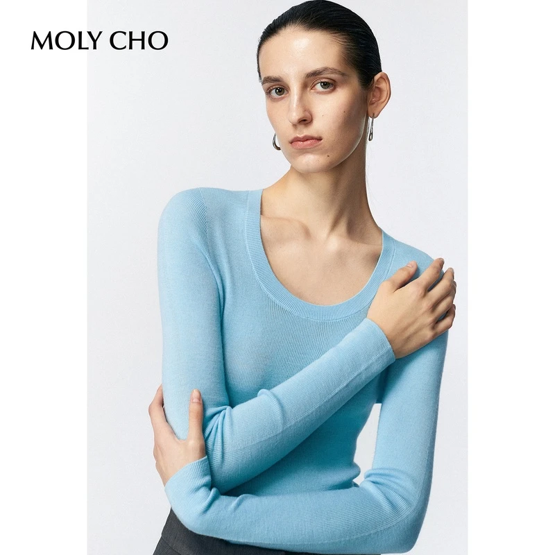 MOLYCHO秋季U领针织打底衫女修身羊毛衫白色软糯内搭毛衣紧身上衣