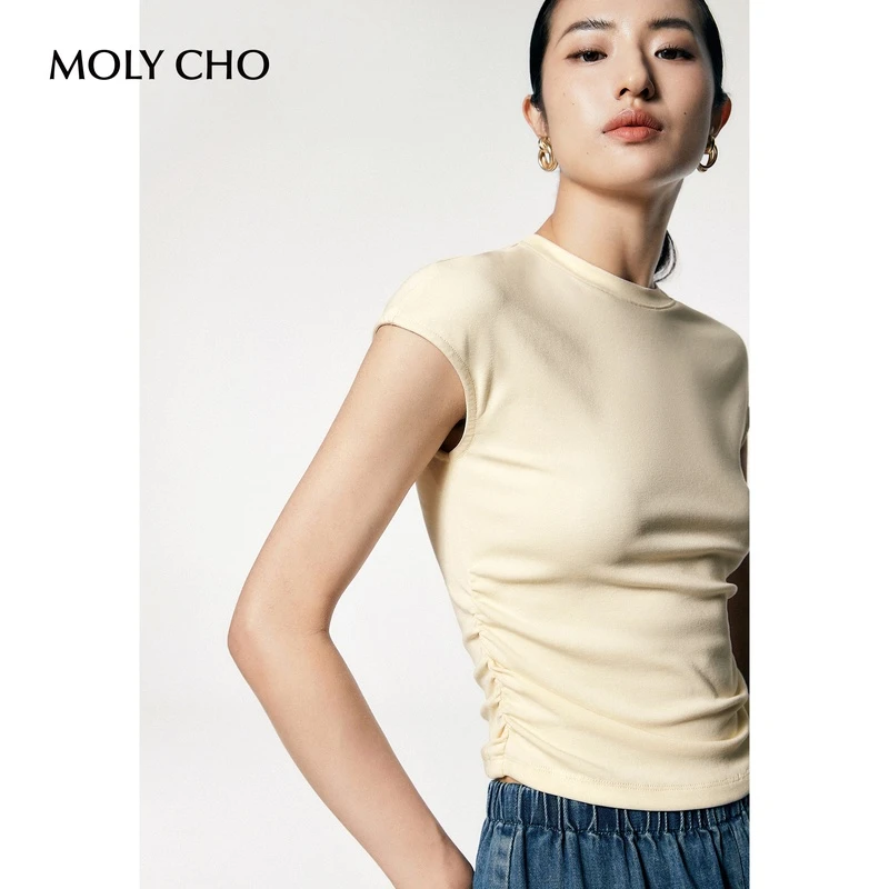 MOLYCHO 纯欲风短袖T恤女夏季紧身打底衫小众设计感辣妹正肩上衣