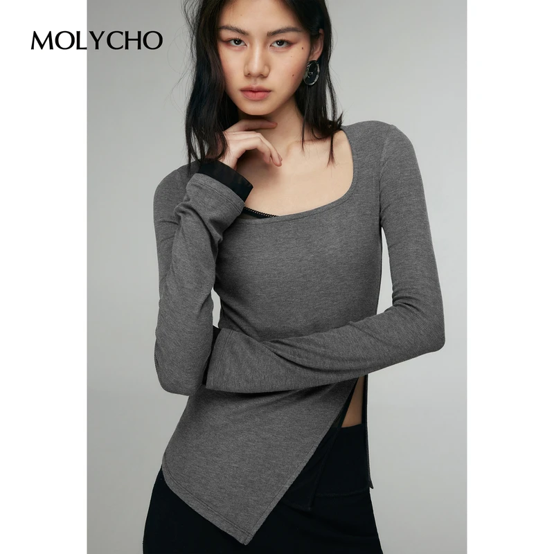 MOLYCHO设计感不规则开叉长袖T恤女小众打底衫别致网纱拼接上衣