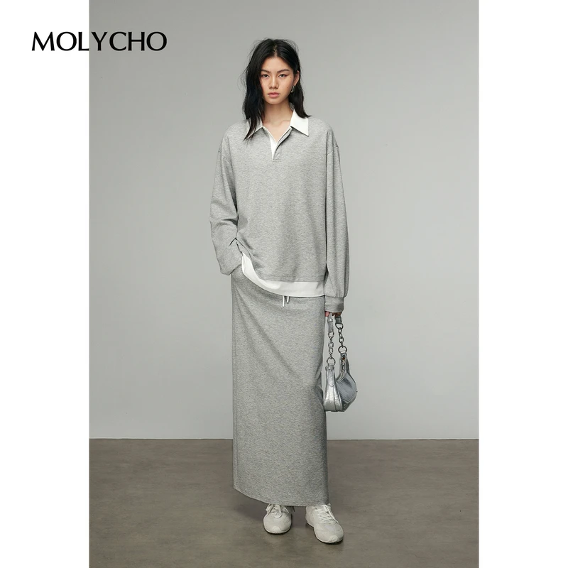 MOLYCHO 慵懒风高级感灰色卫衣半裙两件套女春季时尚宽松休闲套装