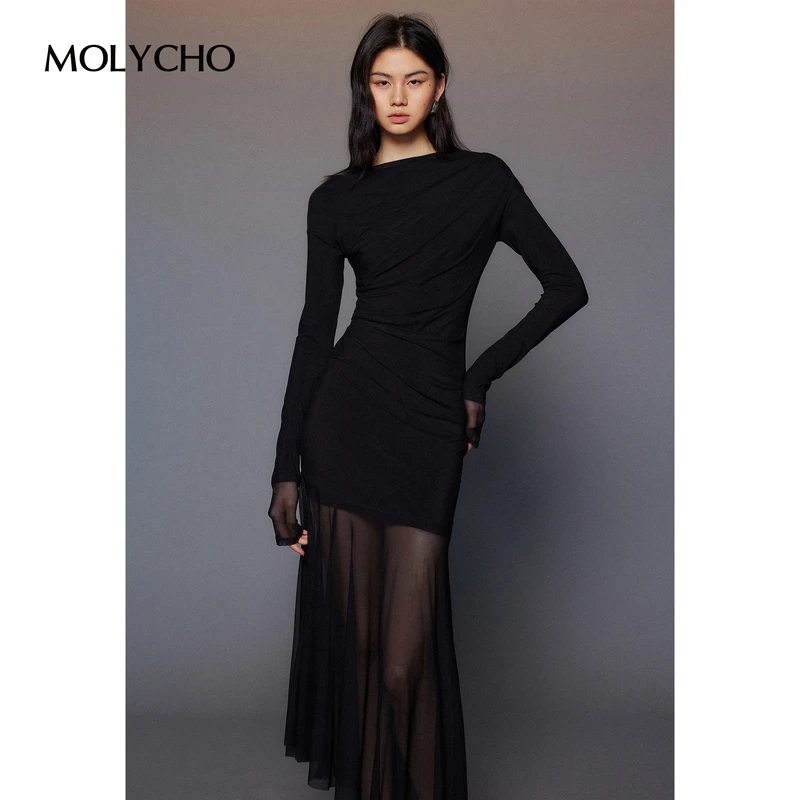 MOLYCHO 早春纯欲风假两件打底连衣裙女春季黑色收腰性感网纱长裙