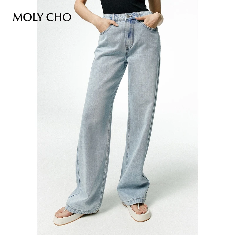 MOLY CHO复古水洗阔腿牛仔裤女夏季高腰宽松直筒浅色裤子拖地长裤
