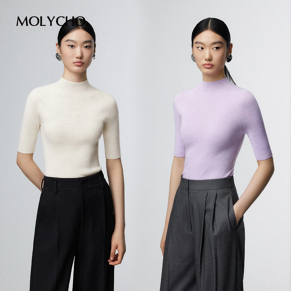 MOLYCHO 初秋无缝一体中袖羊毛衫女秋季半高领上衣内搭打底针织衫