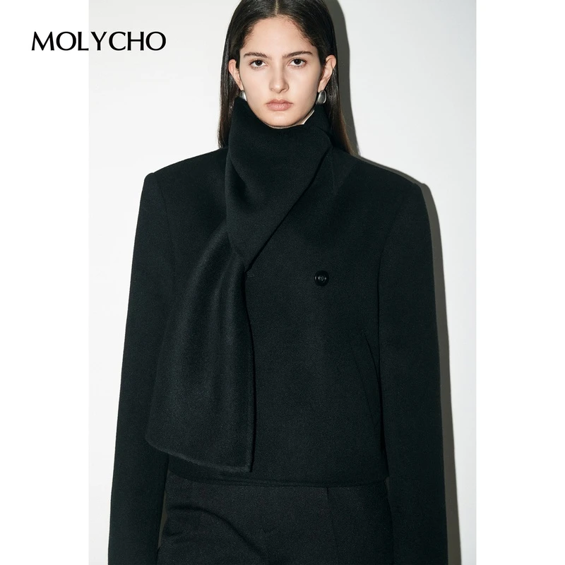 MOLYCHO 羊毛双面呢围巾领呢子大衣女秋冬小个子黑色短款毛呢外套