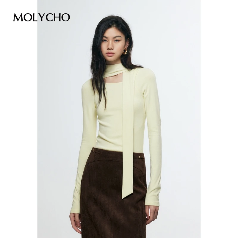 MOLYCHO法式飘带长袖T恤女秋冬2024新款内搭打底小衫正肩修身上衣