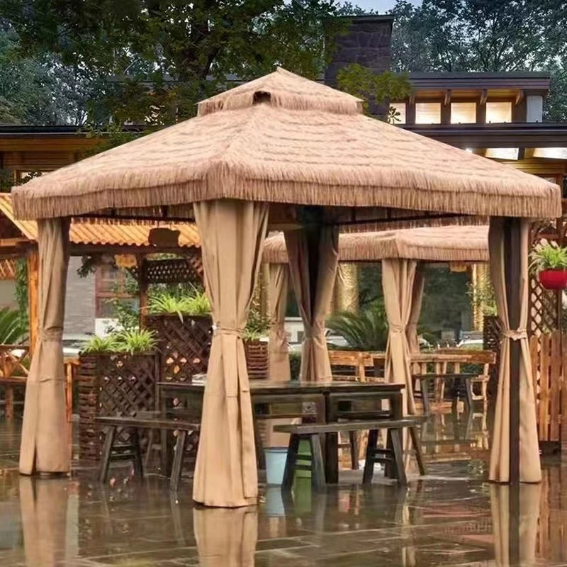 新中式防水凉亭防水农家乐家用仿真稻草毛草亭室外四柱遮阳棚隔热