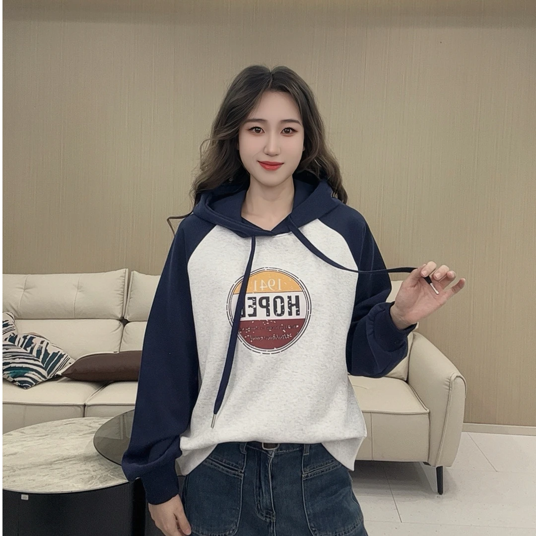 早春款印花圆圈插肩袖短款卫衣连帽宽松韩长袖休闲时尚百搭加厚