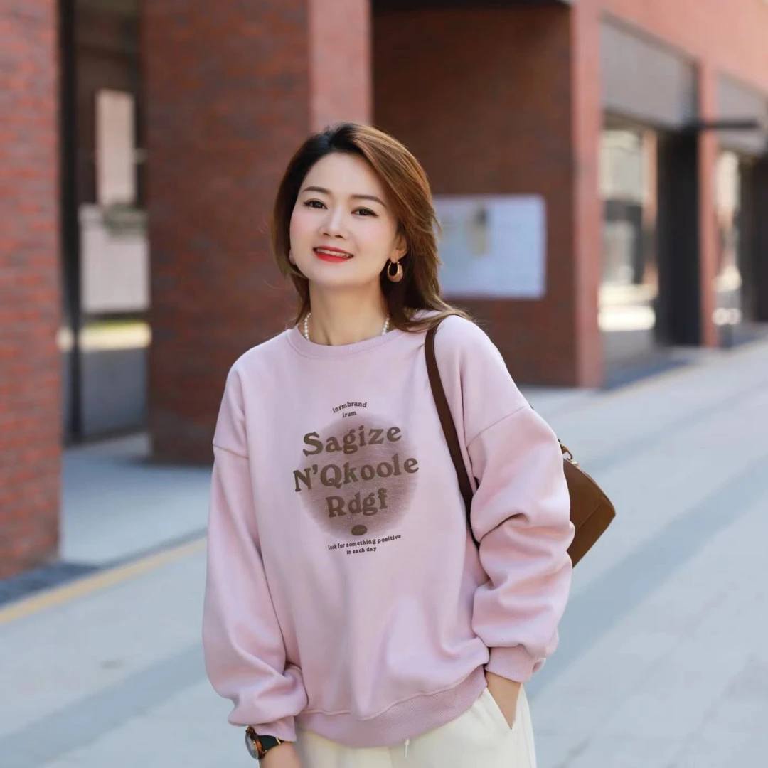 卡通字母烫画加绒加厚圆领卫衣时尚百搭秋冬韩版减龄ol休闲宽松