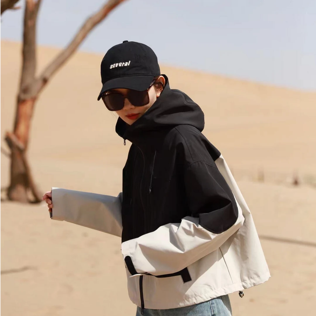 [哲思凡]撞色连帽经典冲锋衣短风衣外套春秋户外百搭宽松防风ins