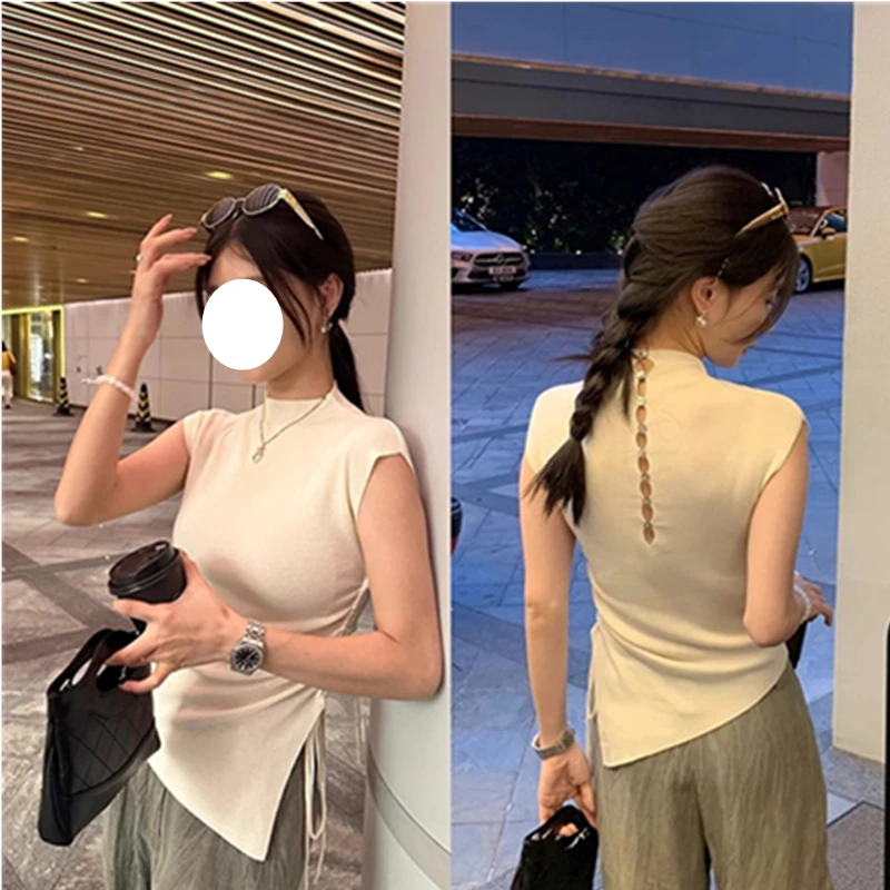 设计感不规则单侧抽绳显瘦针织短袖T恤女夏季新款半高领百搭上衣