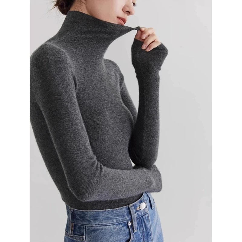 灰色羊毛高领针织打底衫女秋冬内搭毛衣修身紧身复古高级长袖上衣