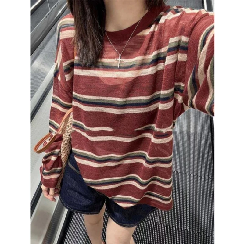 韩系撞色条纹薄款针织长袖T恤女夏季宽松外搭防晒罩衫打底薄上衣