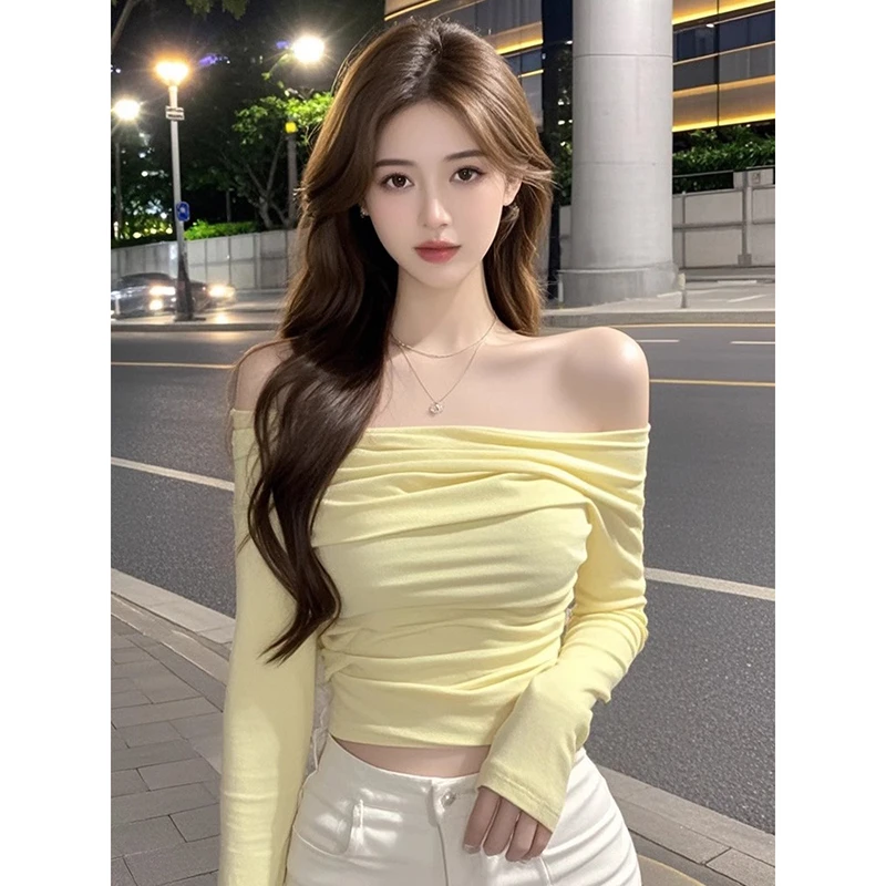 纯欲辣妹性感一字肩长袖T恤女士打底衫爆款女显瘦修身内搭上衣