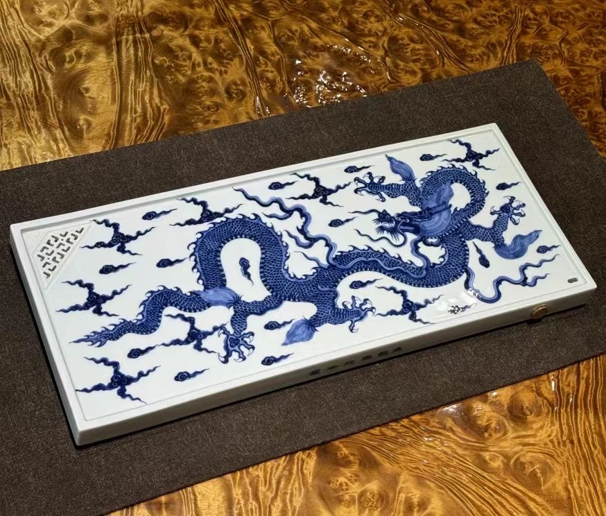 【阿闽】正品進铭雅玩珍藏 景德镇青花瓷 青花祥云龙纹茶盘