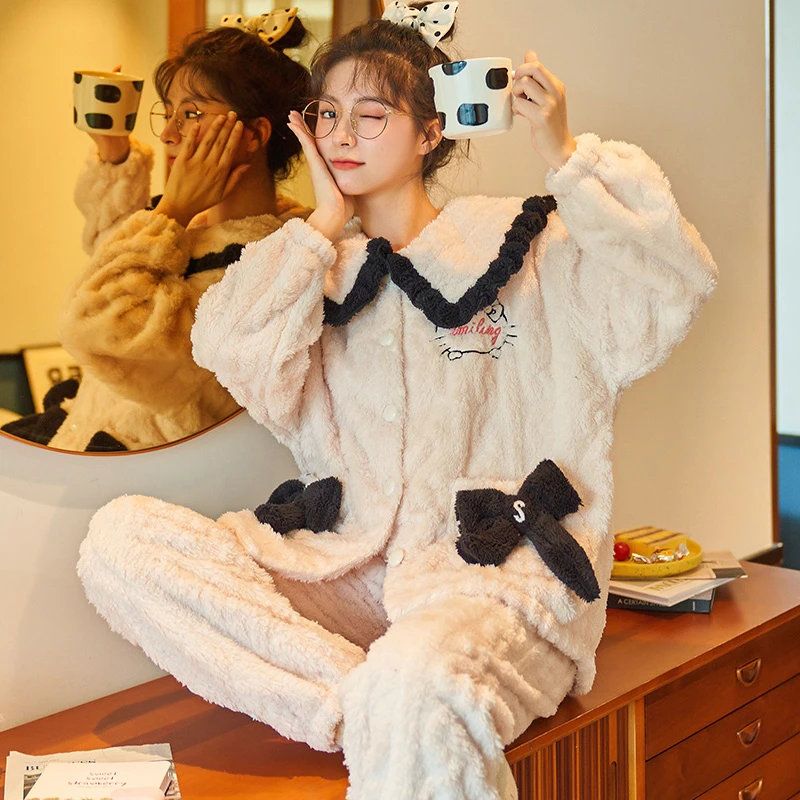 秋冬季法兰绒睡衣女士加厚珊瑚绒甜美开衫可外穿家居服套装 2199