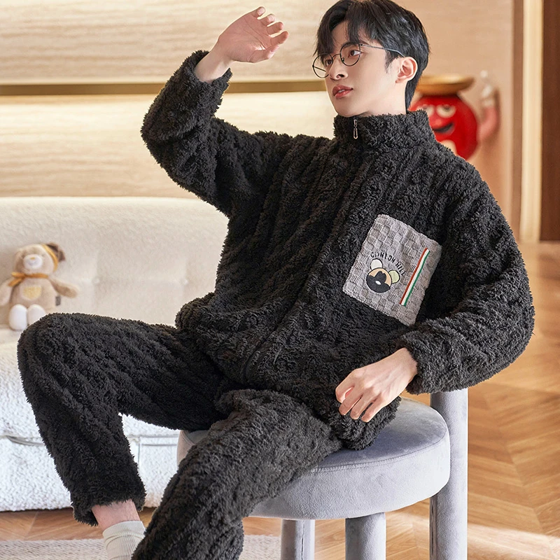 珊瑚绒睡衣男士秋冬季加厚保暖法兰绒韩版宽松家居服套装 1210