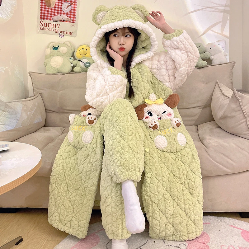 三层夹棉加厚加绒睡袍冬季卡通可外穿珊瑚绒睡衣女士家居服 3305