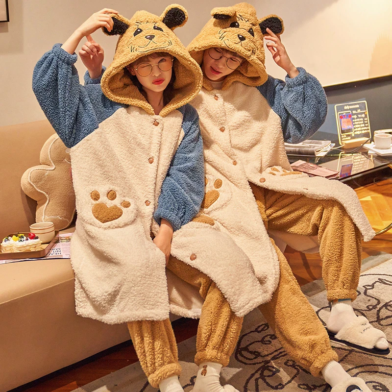 法兰绒情侣睡衣女加厚加绒保暖珊瑚绒睡袍秋冬季男士家居服 2182