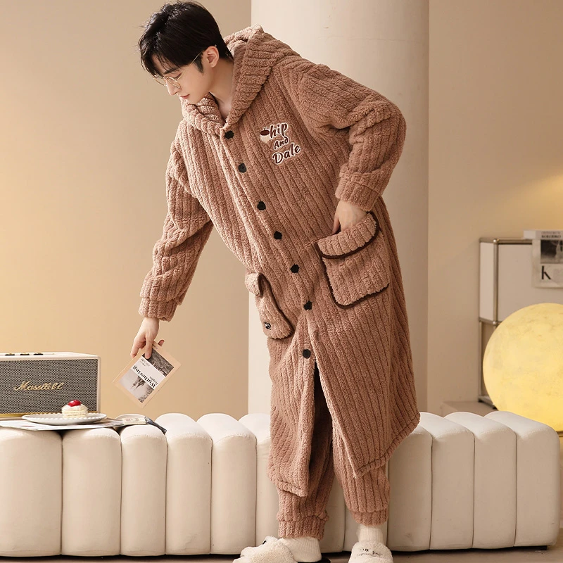 男士珊瑚绒睡袍连帽保暖秋冬季法兰绒睡衣男宽松家居服套装 1240