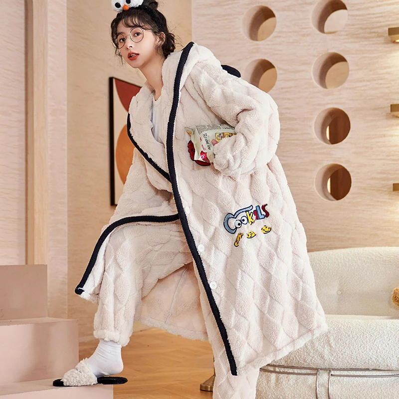 法兰绒睡袍女士秋冬季珊瑚绒睡衣女加厚保暖甜美家居服套装 2229