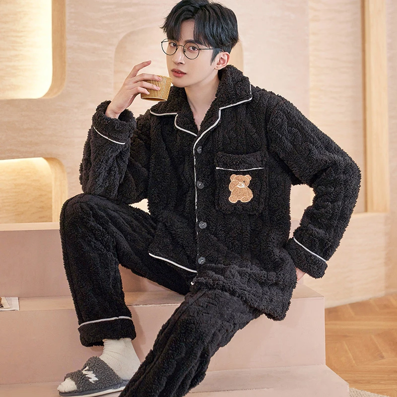 法兰绒睡衣男士秋冬季加厚保暖珊瑚绒宽松可外穿家居服套装 1212