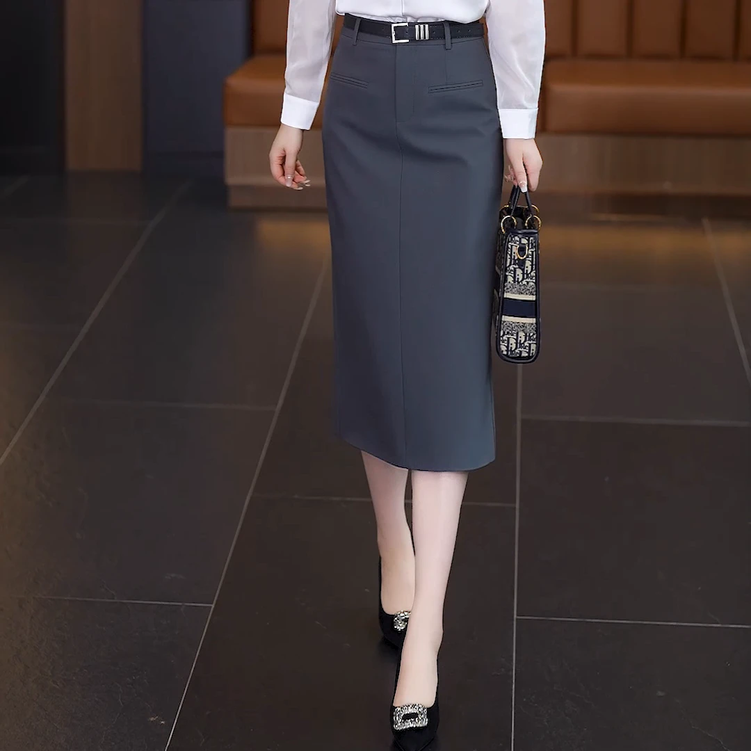 黑色纯色显瘦半身裙女女装半身裙休闲百搭新款中长款a字一步-3312