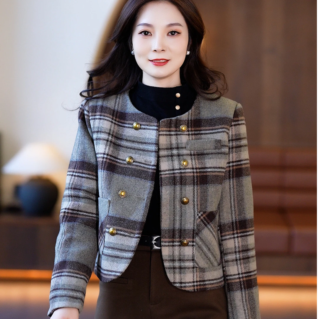 加绒格子短款外套女2025秋冬新款气质减龄显瘦百搭小个子洋气上衣
