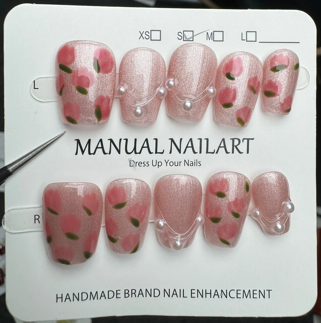 纯手工穿戴甲西柚色短圆甲手绘可爱日常显白仙女假指甲可拆卸孕妇