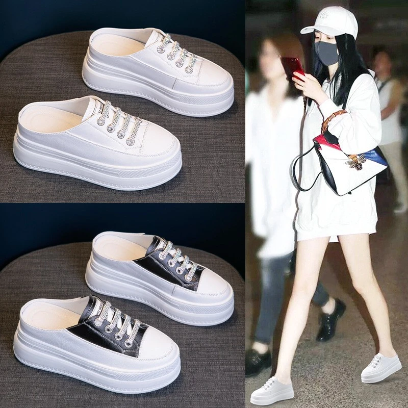 高档2025夏季外穿包头半拖鞋女士厚底内增高小白松糕鞋真皮凉拖鞋
