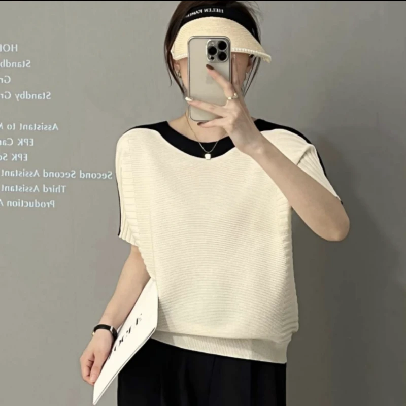 夏季轻薄透气宽松显瘦针织衫上衣女时尚拼色短袖冰丝t恤打底套头