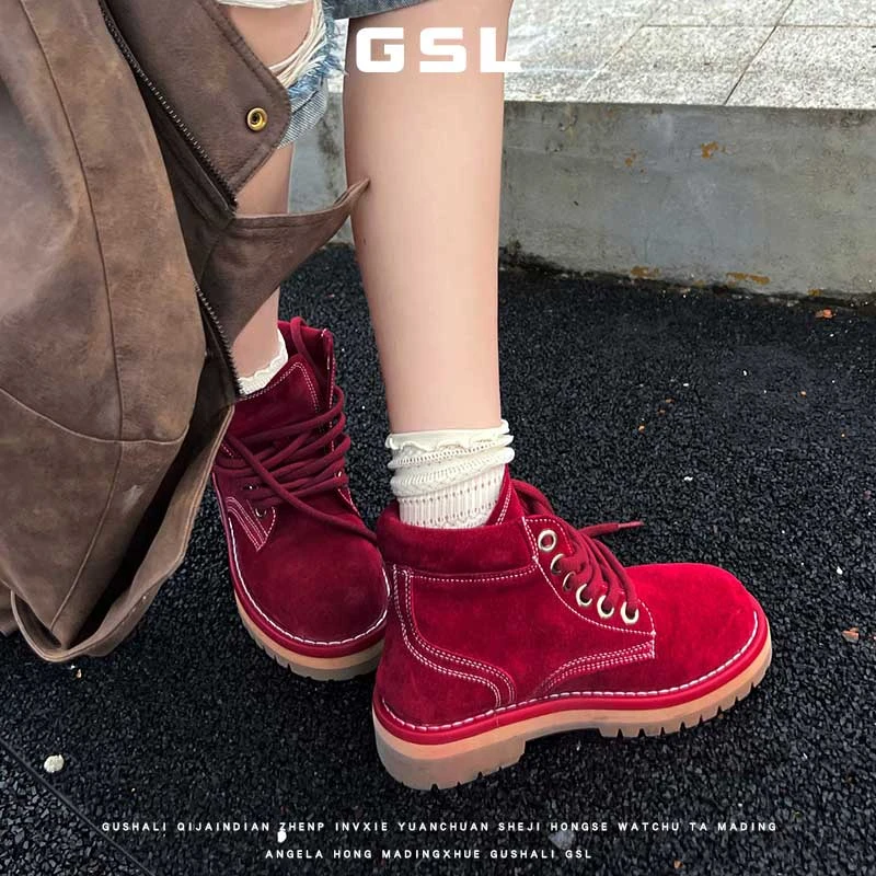 马丁靴女2025新款真皮磨砂短靴复古英伦风靴子厚底透气登山工装靴