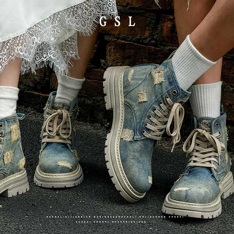 马丁靴女款2025夏款牛仔靴户外工装靴小个子厚底英伦风鞋靴情侣鞋