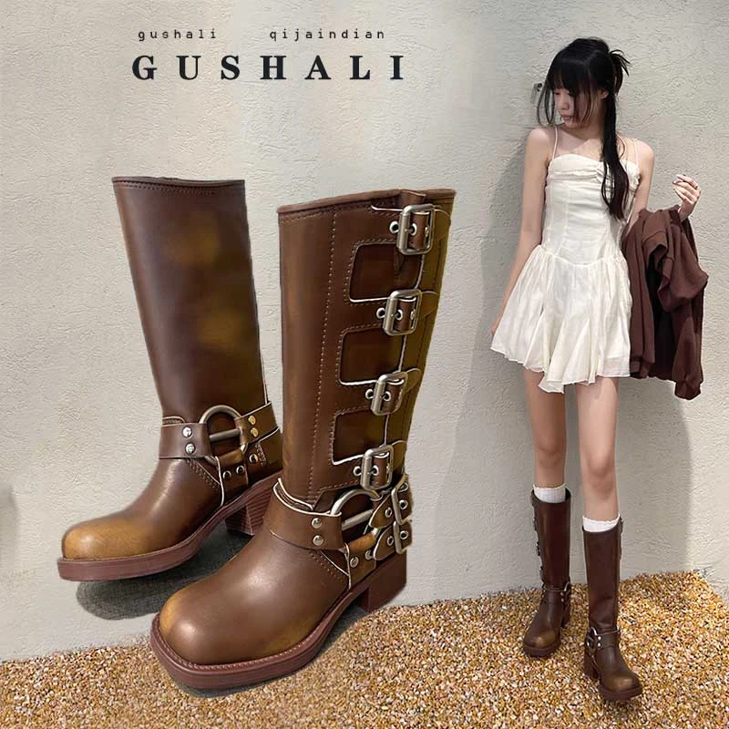 靴子女2025春秋款棕色方头骑士靴美拉德长筒靴西部靴马丁靴牛仔靴