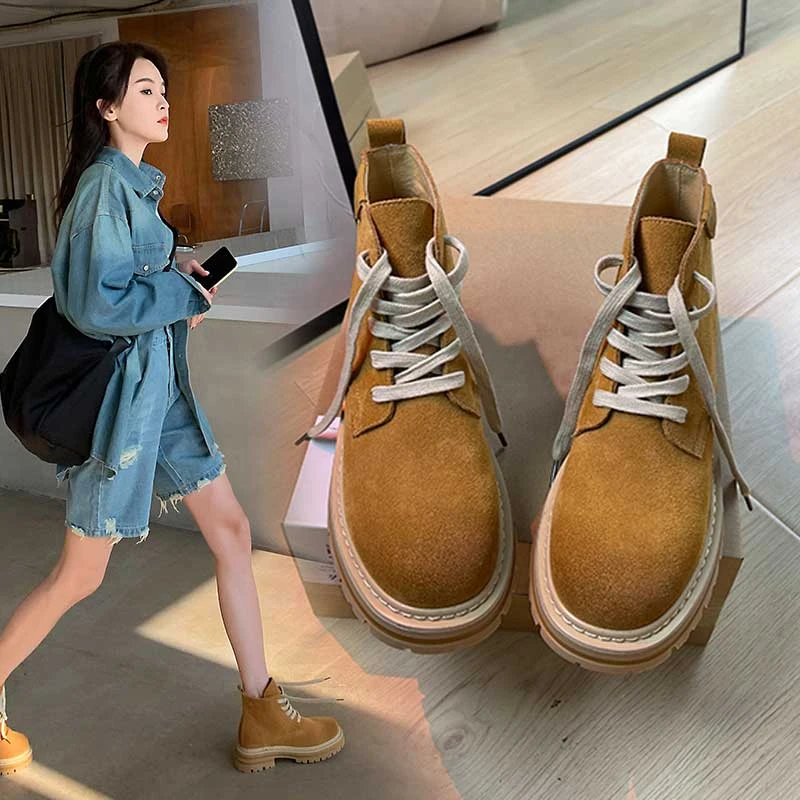 真皮大黄靴2024年新款马丁靴女冬加绒英伦风网红百搭短筒短靴冬棉