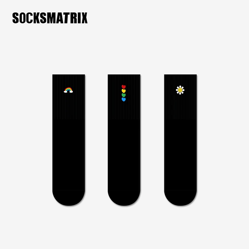 袜矩阵【小确幸】袜子情侣潮袜中筒袜个性潮流刺绣黑色秋冬款袜子女