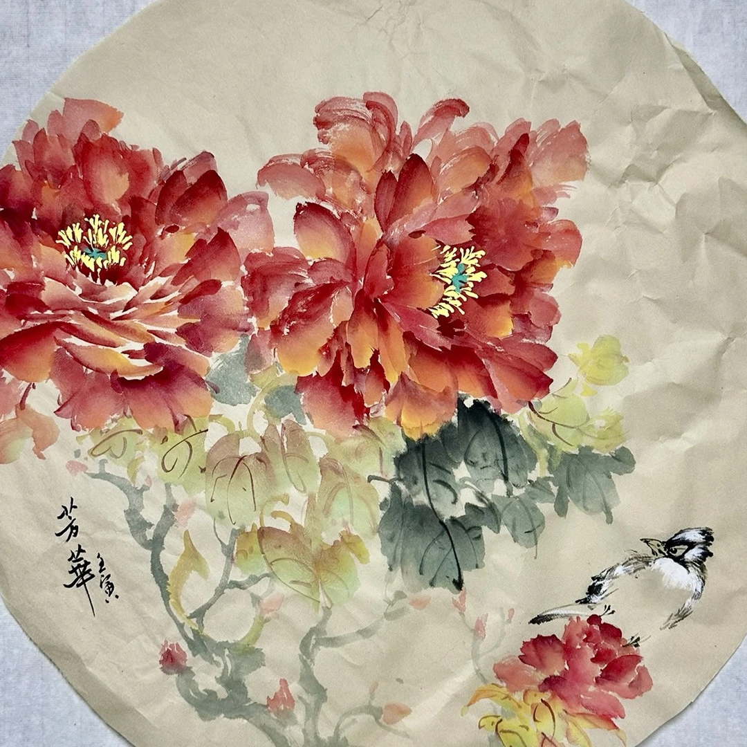 客厅挂画 花鸟圆形小品 牡丹国画