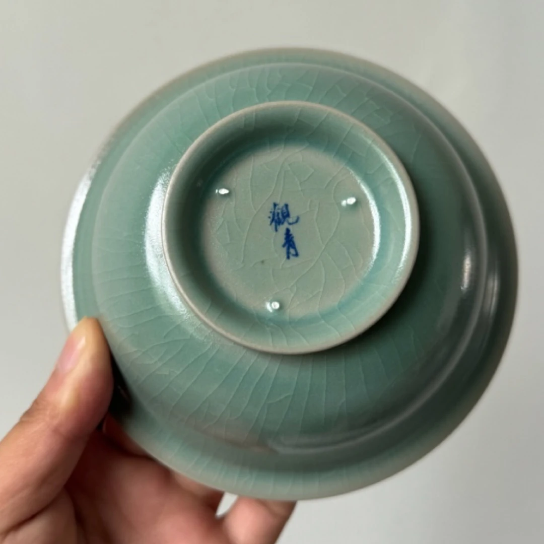 观青陶瓷缠枝复古汝窑柴烧碗微瑕柳叶纹开片玛瑙入釉支钉烧