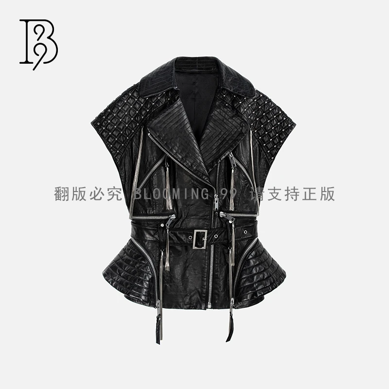 【B99官方旗舰店】女装时尚黑色无袖轻奢欧美真皮外套FGWJA90040