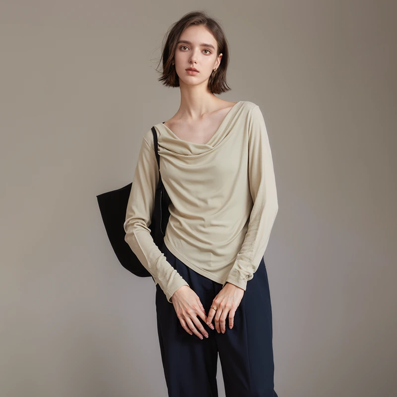 2024秋季新款长袖针织T恤女装极简风荡领打底简约风上衣