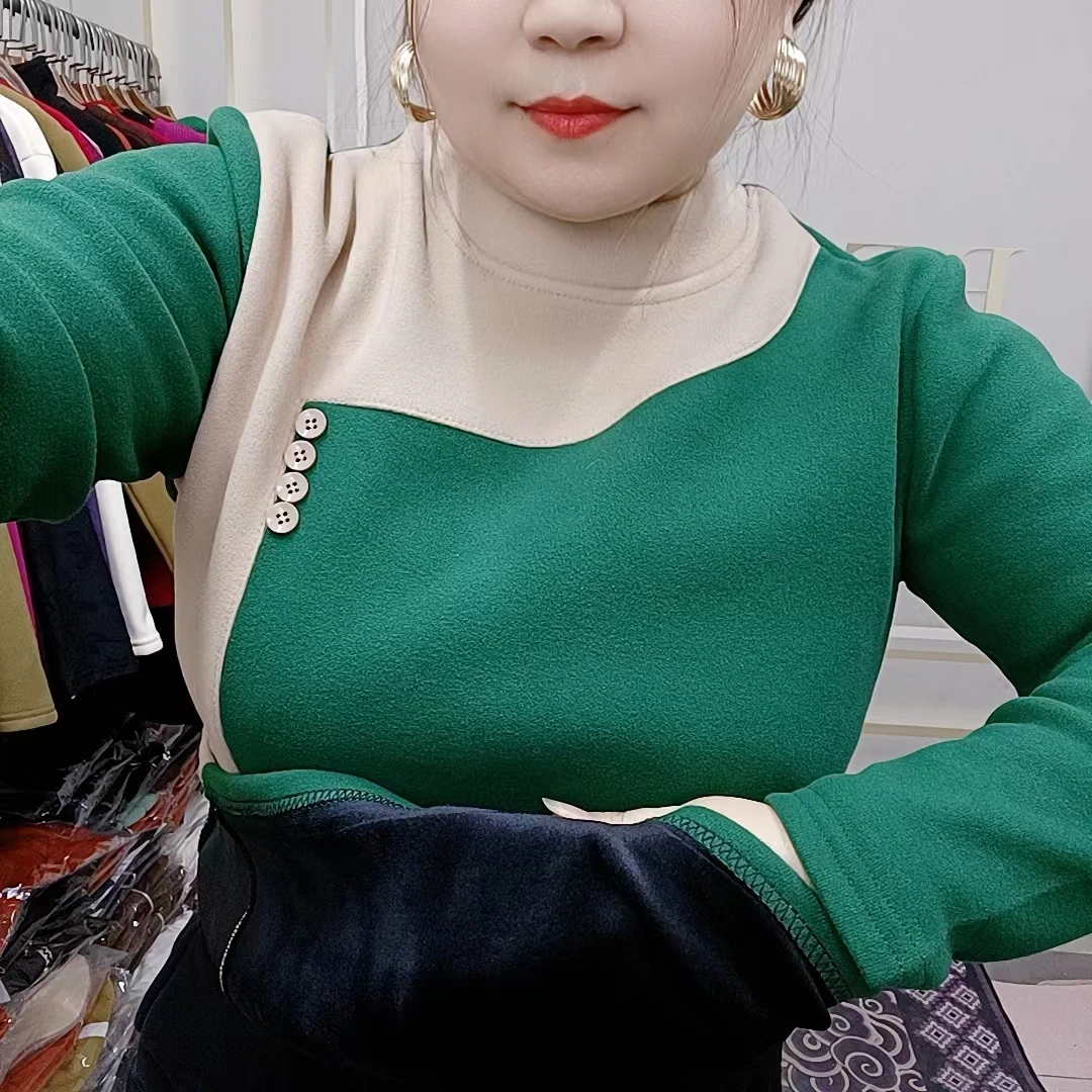网红半高领卫衣女秋冬加绒时尚字母百搭打底加厚保暖拼色休闲上衣