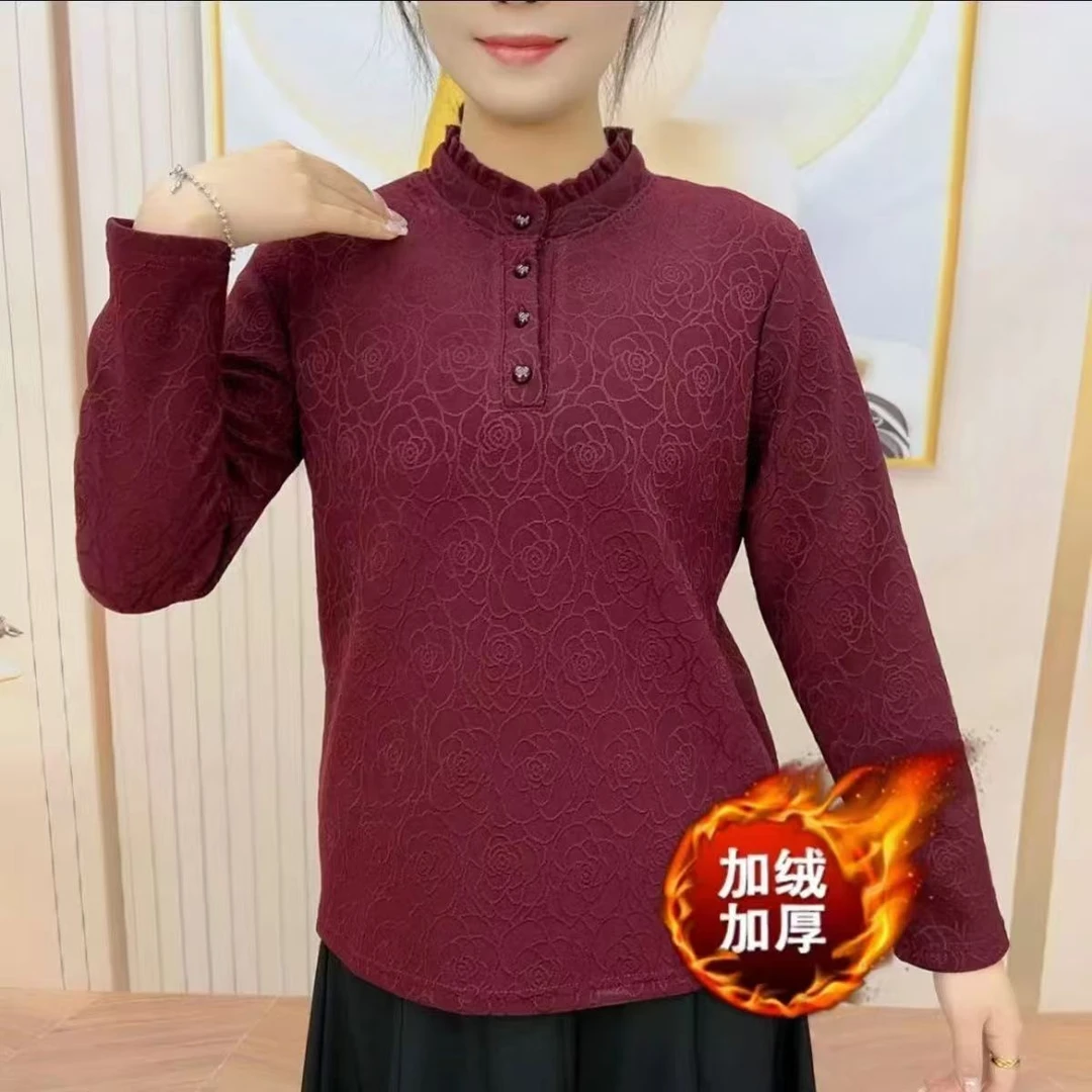 立领木耳边加绒蕾丝打底衫宽松衬衫显瘦遮肉小香风加厚上衣小衫冬