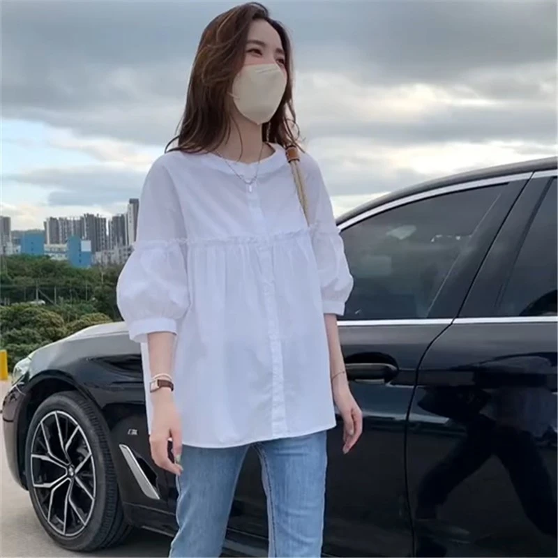 白色纯棉衬衫女夏秋季设计感小众温柔系上衣法式别致长袖小衫薄款