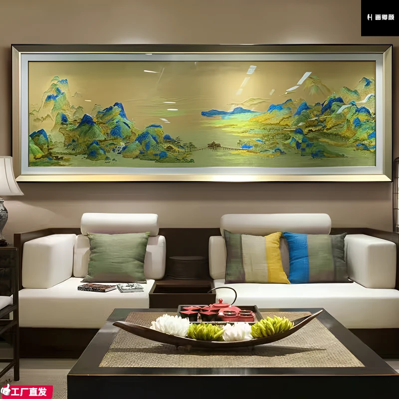 新款高端绣画中式沙发墙客厅装饰画壁画轻奢墙画简约千里江山图