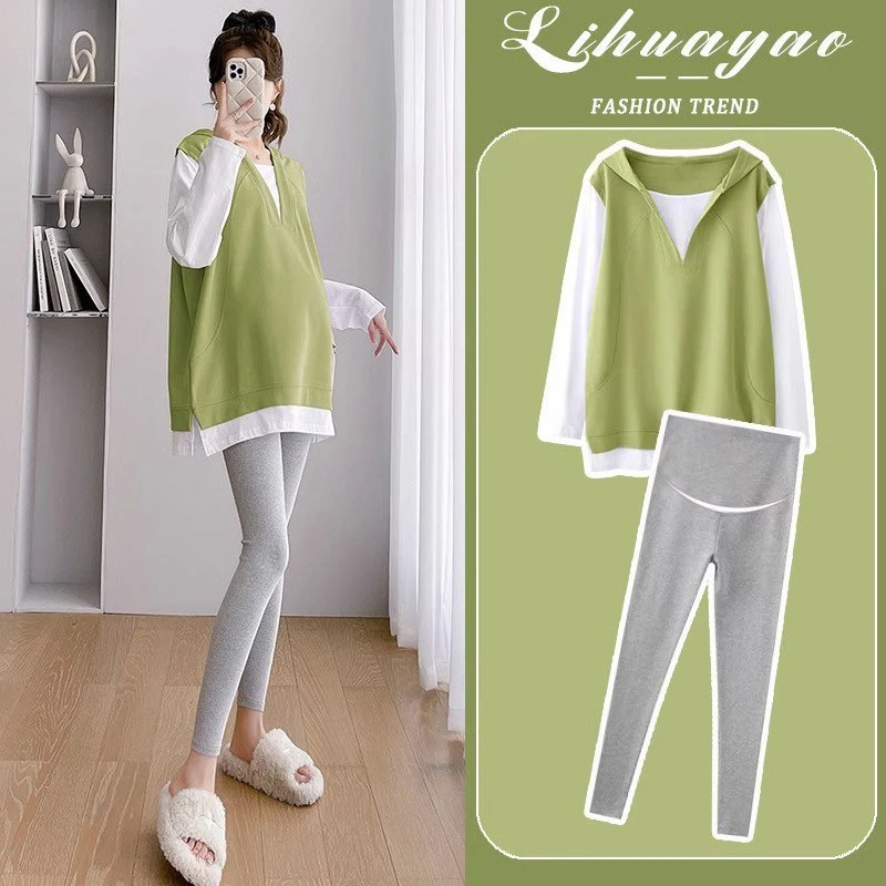 孕妇套装春季时尚连帽休闲宽松卫衣两件套春秋中长款长袖上衣春装