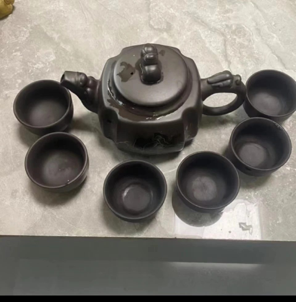 紫泥四方千里江山风云变幻紫砂壶一壶六杯带壶绳