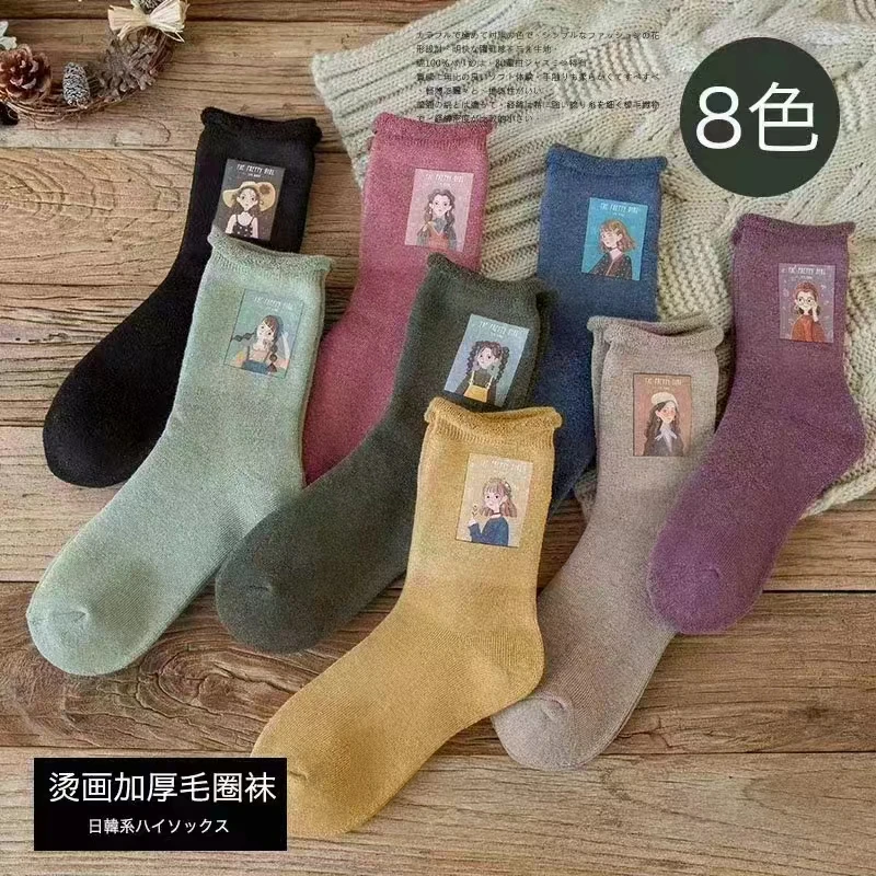 A1038加厚毛圈烫画女孩百搭保暖女袜中筒袜